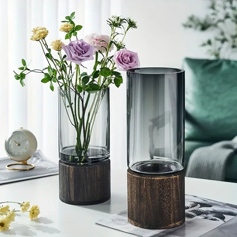 Hydroponic Glass Vase – Minimalist Wooden Base Decor
