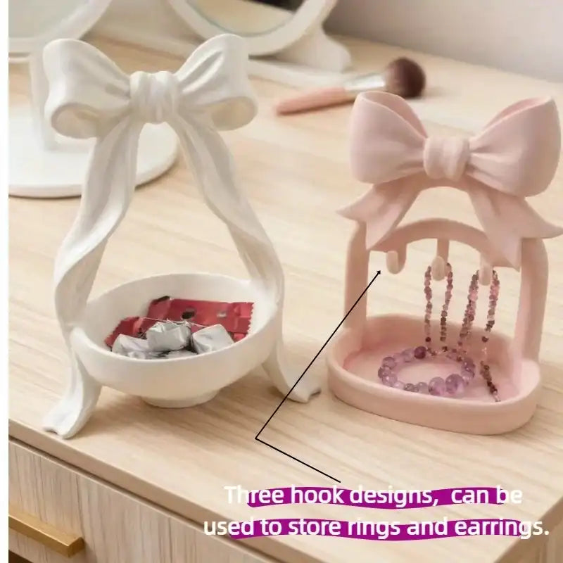 Bow-Shaped Jewelry Dish - 3D Printed Organizer with 3 Hooks