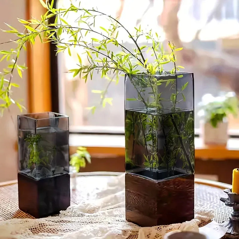 Nordic Acrylic Vase with Wooden Base – Tabletop Decor