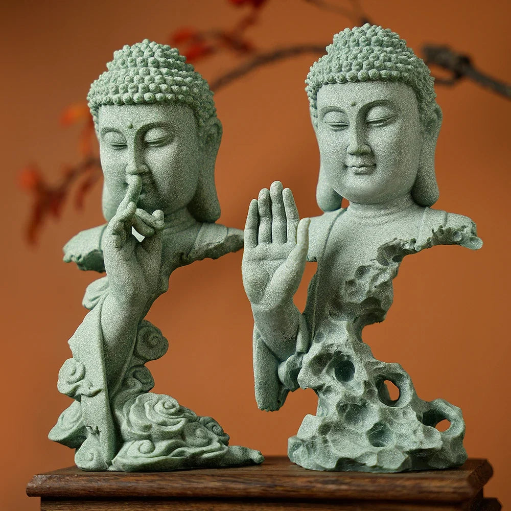 Serene Zen Buddhist Statue Natural Green Sandstone Desktop Decor