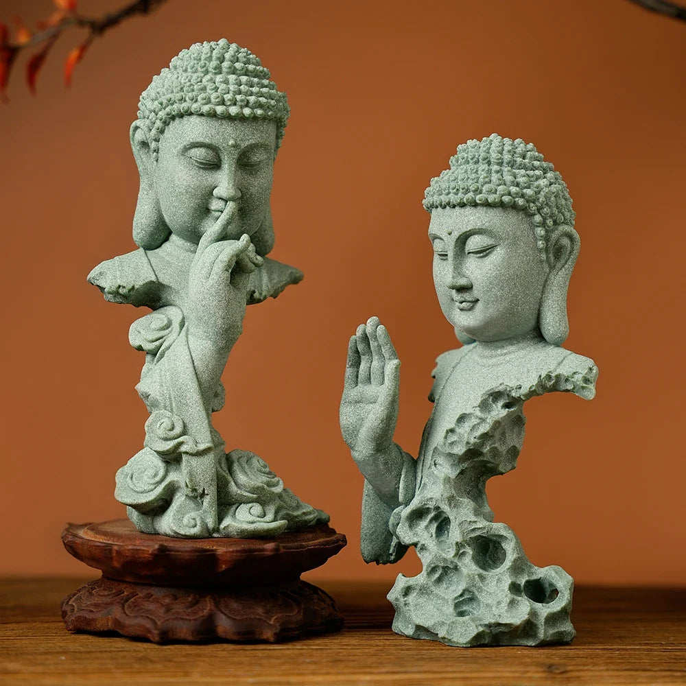 Serene Zen Buddhist Statue Natural Green Sandstone Desktop Decor