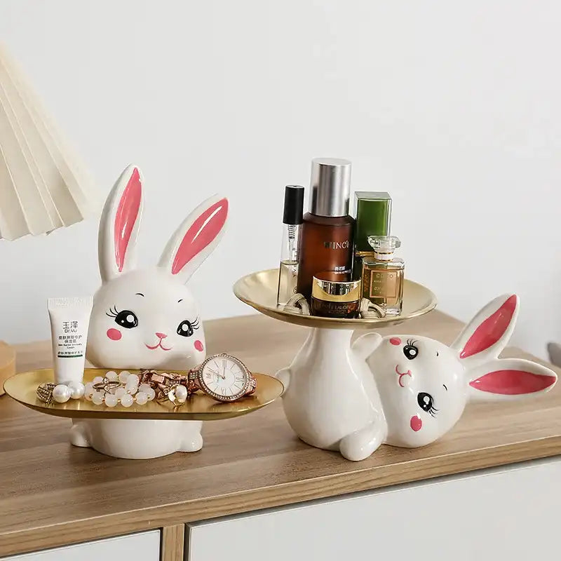 Cute Rabbit Ceramic Tray - White Bunny Jewelry Holder