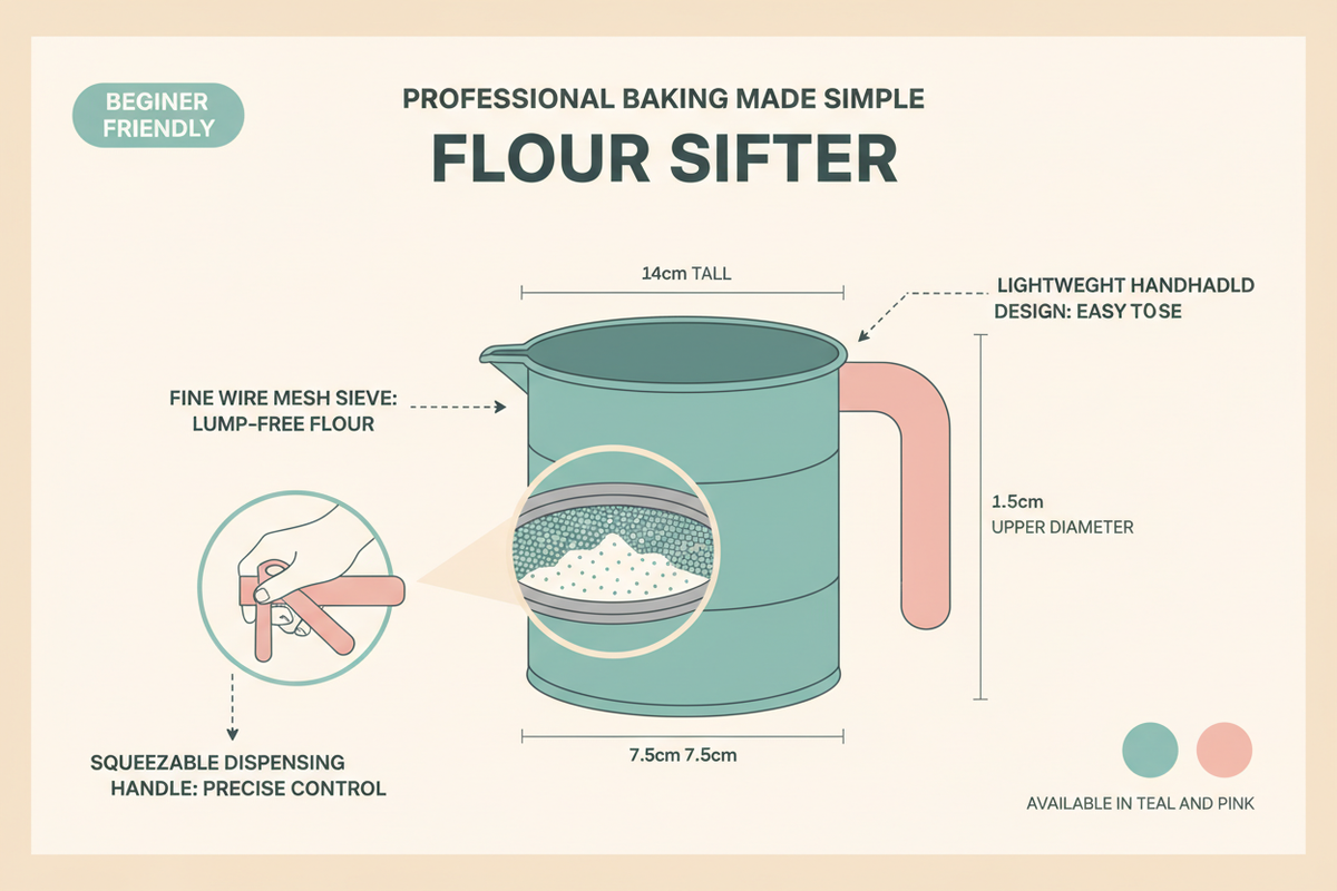 Ultra Flour Sifter – Fine Mesh, Squeeze Handle, Teal & Pink