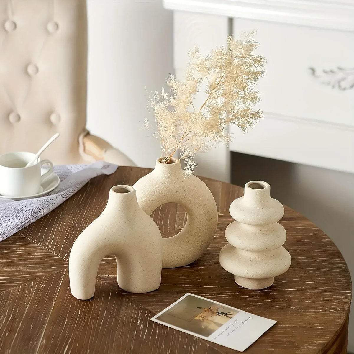 Boho Ceramic Vase Set – Minimalist Neutral Decor Trio