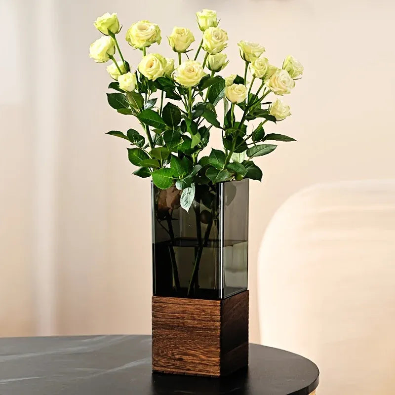 Nordic Acrylic Vase with Wooden Base – Tabletop Decor