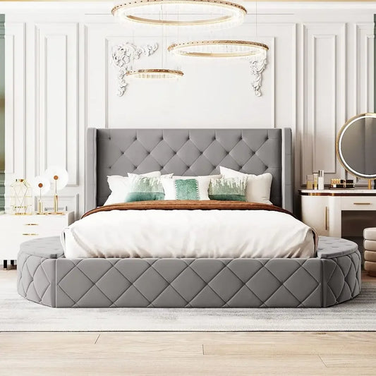 Grey Velvet Queen Storage Bed Platform Frame with 2 Stools & Large Drawer
