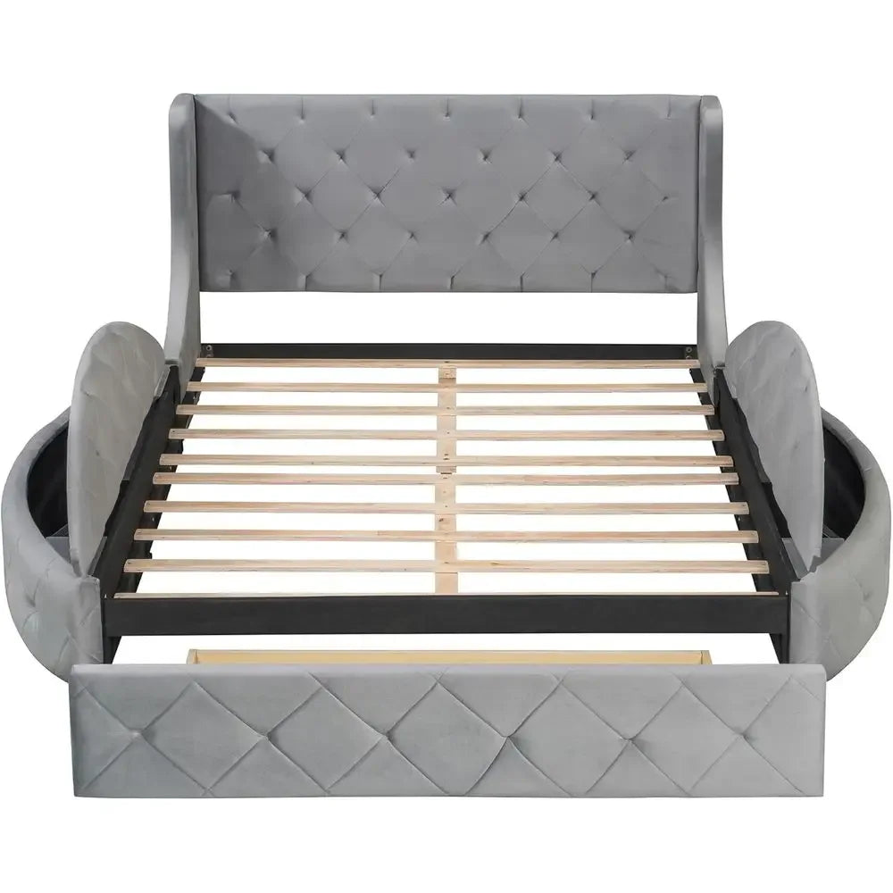 Grey Velvet Queen Storage Bed Platform Frame with 2 Stools & Large Drawer