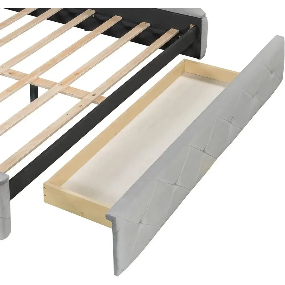 Grey Velvet Queen Storage Bed Platform Frame with 2 Stools & Large Drawer
