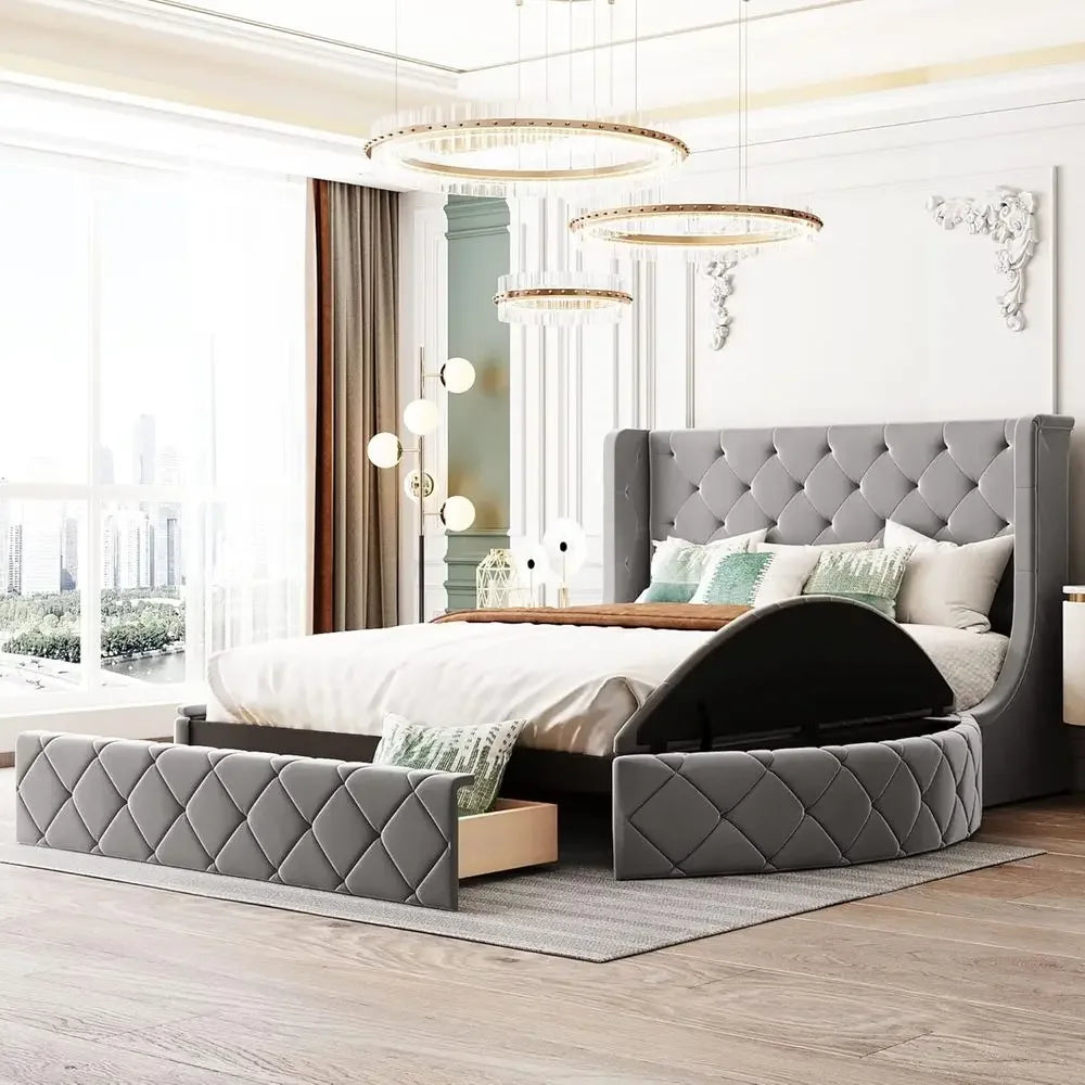 Grey Velvet Queen Storage Bed Platform Frame with 2 Stools & Large Drawer