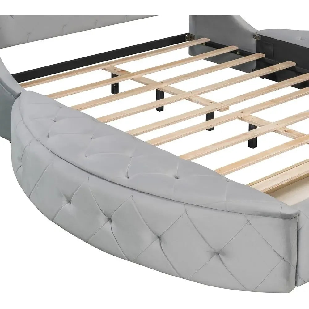 Grey Velvet Queen Storage Bed Platform Frame with 2 Stools & Large Drawer