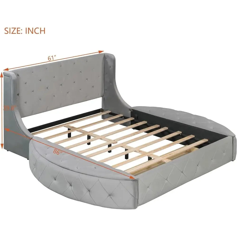 Grey Velvet Queen Storage Bed Platform Frame with 2 Stools & Large Drawer