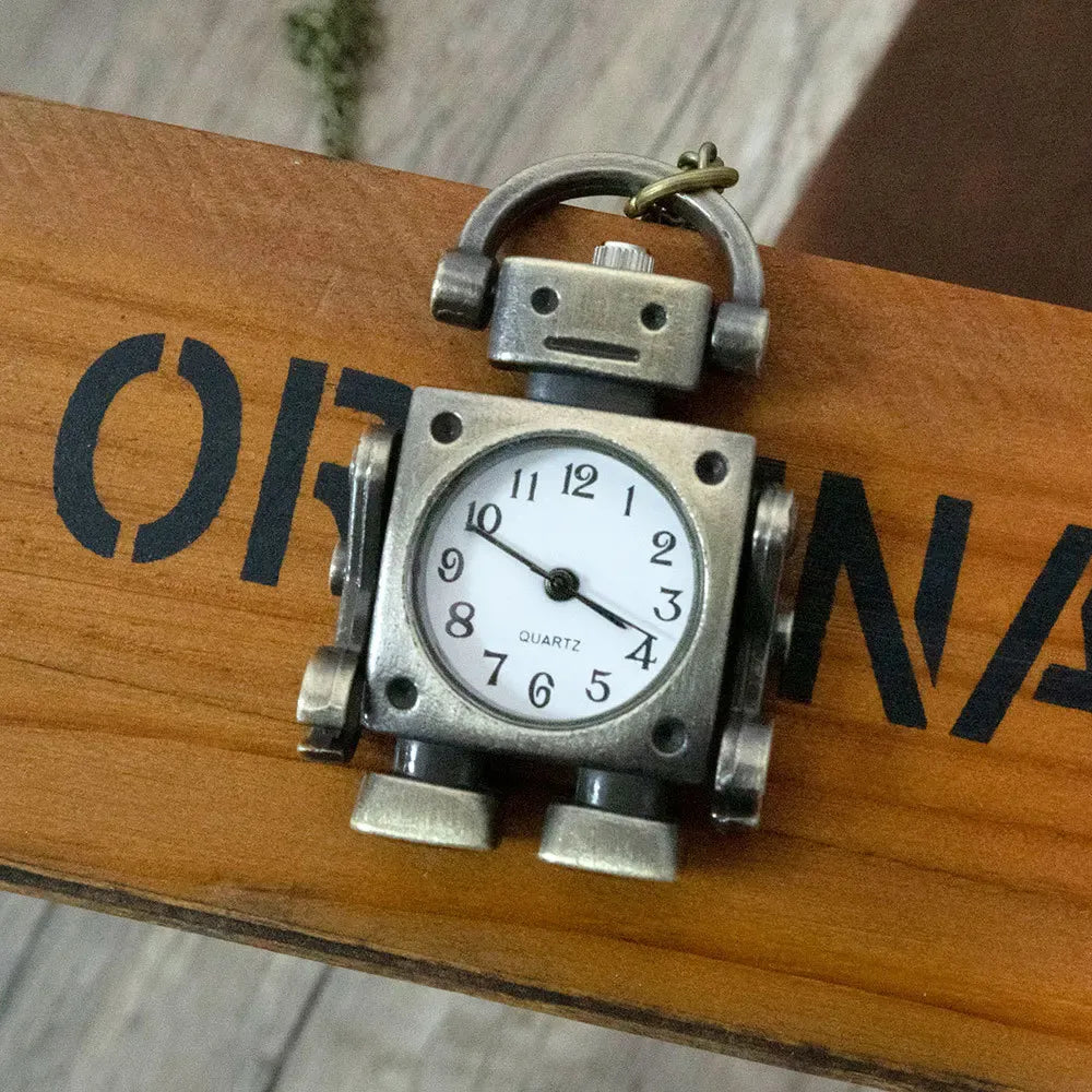 Vintage Robot Quartz Pocket Watch – Round Dial Keychain & Bag Charm