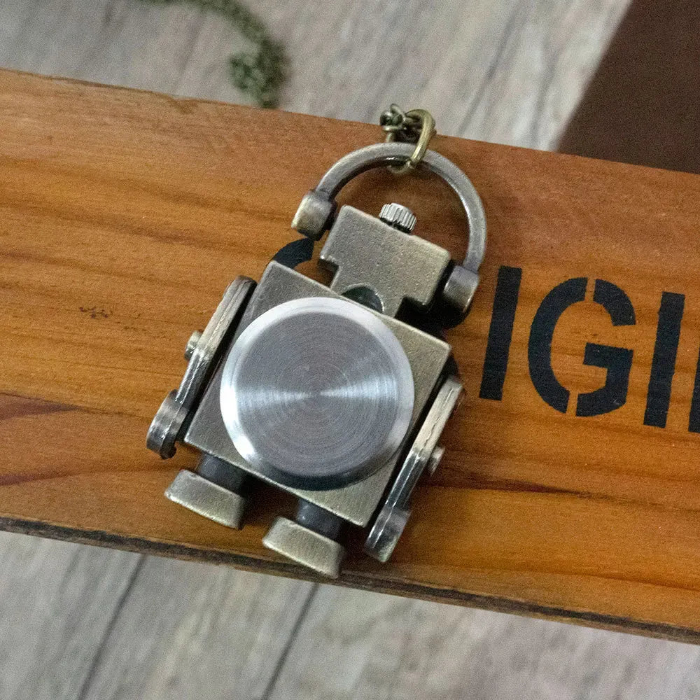 Vintage Robot Quartz Pocket Watch – Round Dial Keychain & Bag Charm
