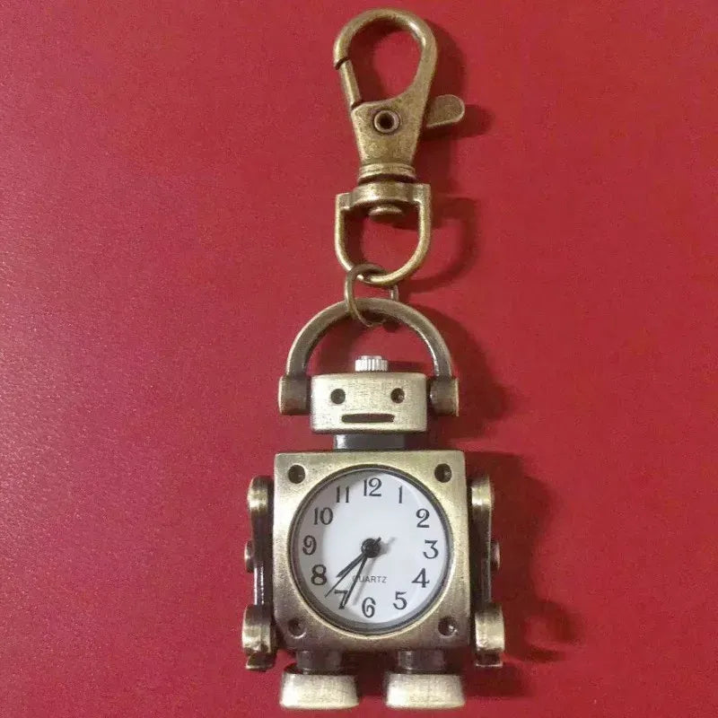 Vintage Robot Quartz Pocket Watch – Round Dial Keychain & Bag Charm