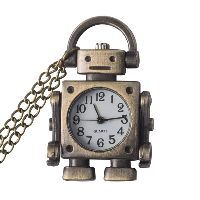 Vintage Robot Quartz Pocket Watch – Round Dial Keychain & Bag Charm