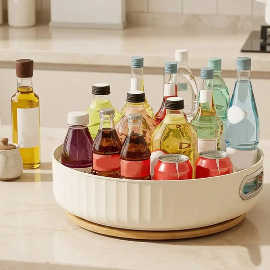 White Rotating Round Tray - 28cm Kitchen Turntable with Handles