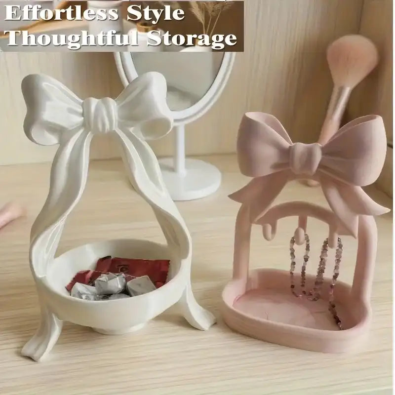 Bow-Shaped Jewelry Dish - 3D Printed Organizer with 3 Hooks