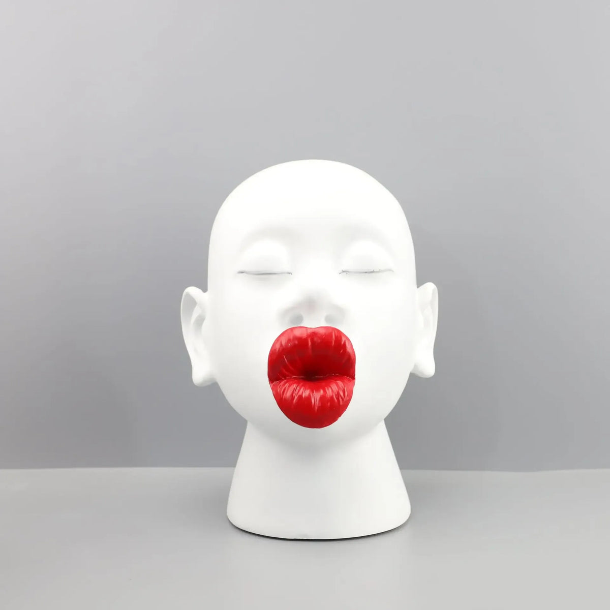 Modern Red Lip Lady Head Sculpture – Resin Art Decor