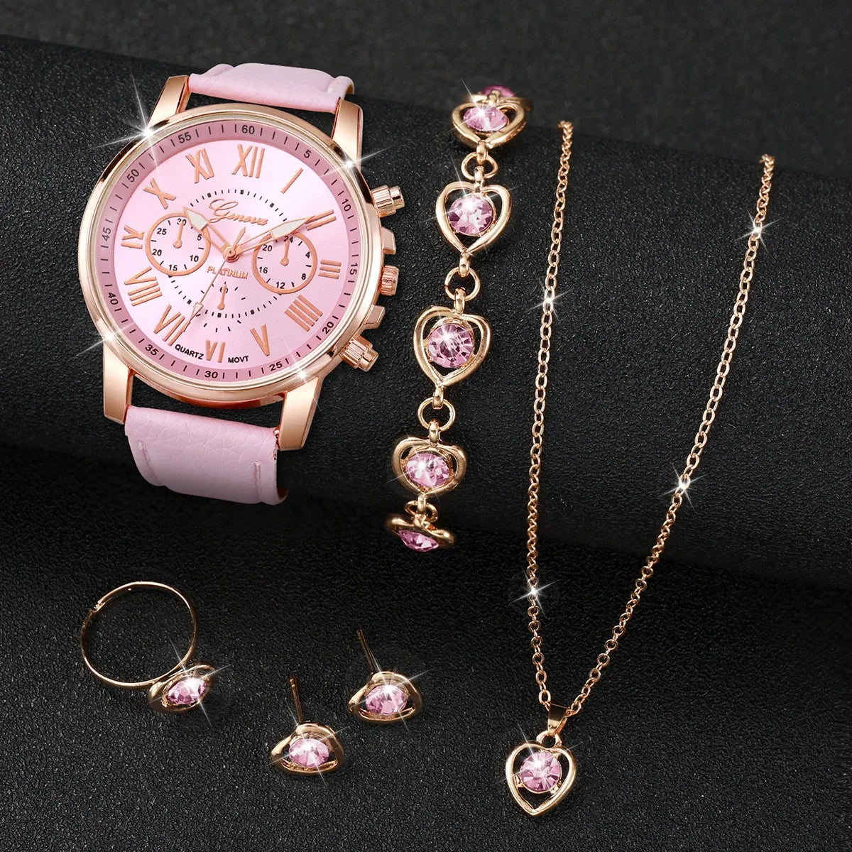 Women's Heart Rhinestone Watch Set – Leather Band Quartz Watch & Jewelry