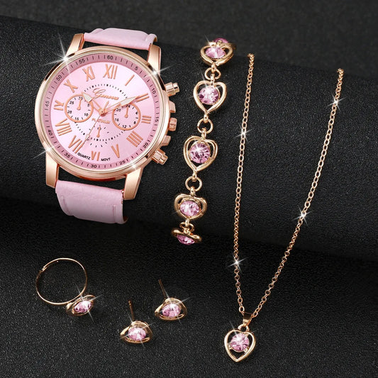 Women's Heart Rhinestone Watch Set – Leather Band Quartz Watch & Jewelry
