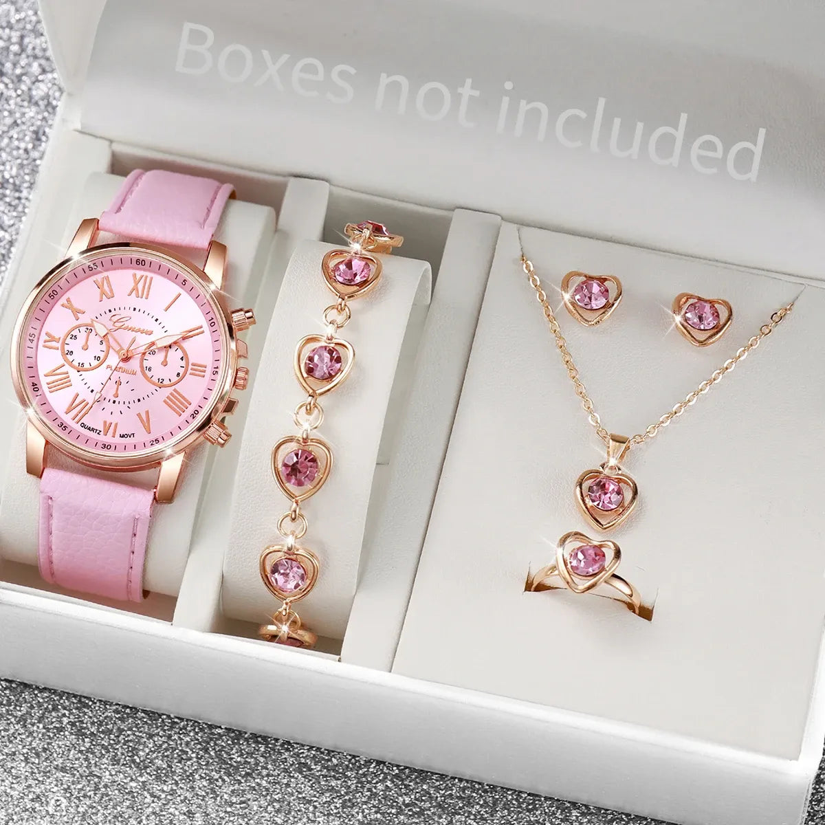 Women's Heart Rhinestone Watch Set – Leather Band Quartz Watch & Jewelry