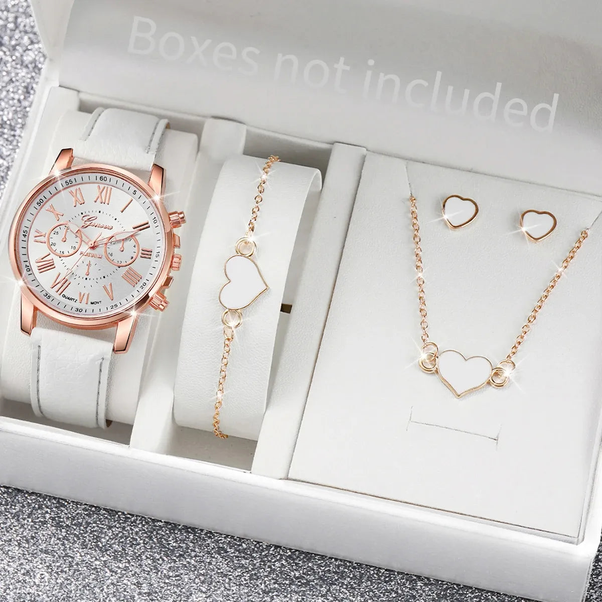 Women's Heart Rhinestone Watch Set – Leather Band Quartz Watch & Jewelry