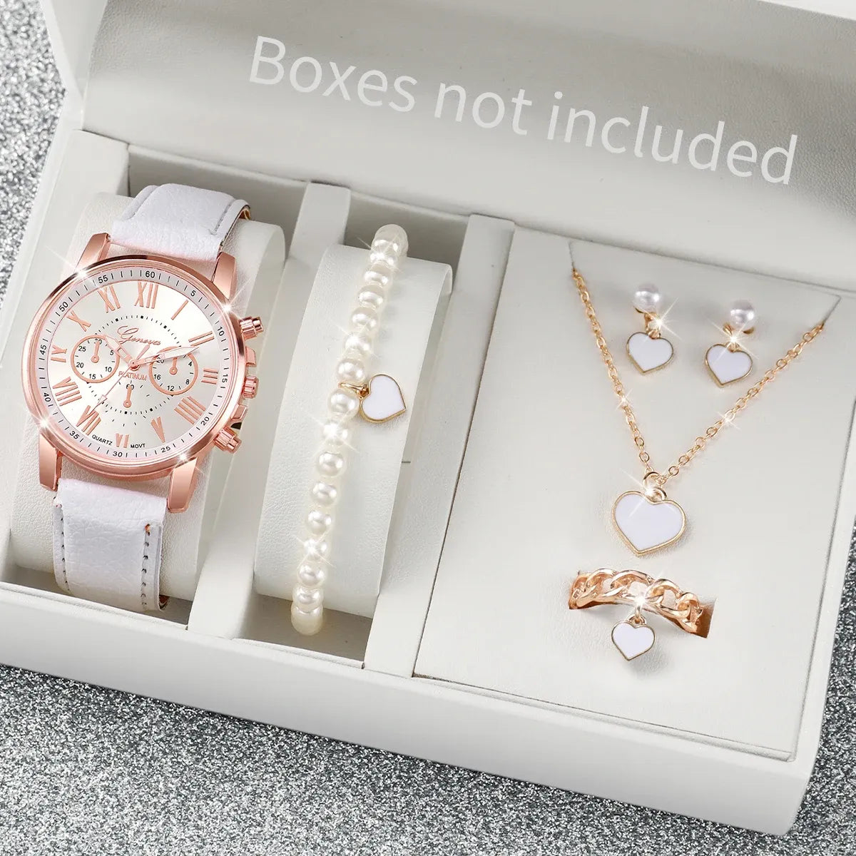 Women's Heart Rhinestone Watch Set – Leather Band Quartz Watch & Jewelry