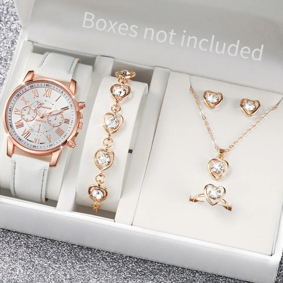 Women's Heart Rhinestone Watch Set – Leather Band Quartz Watch & Jewelry
