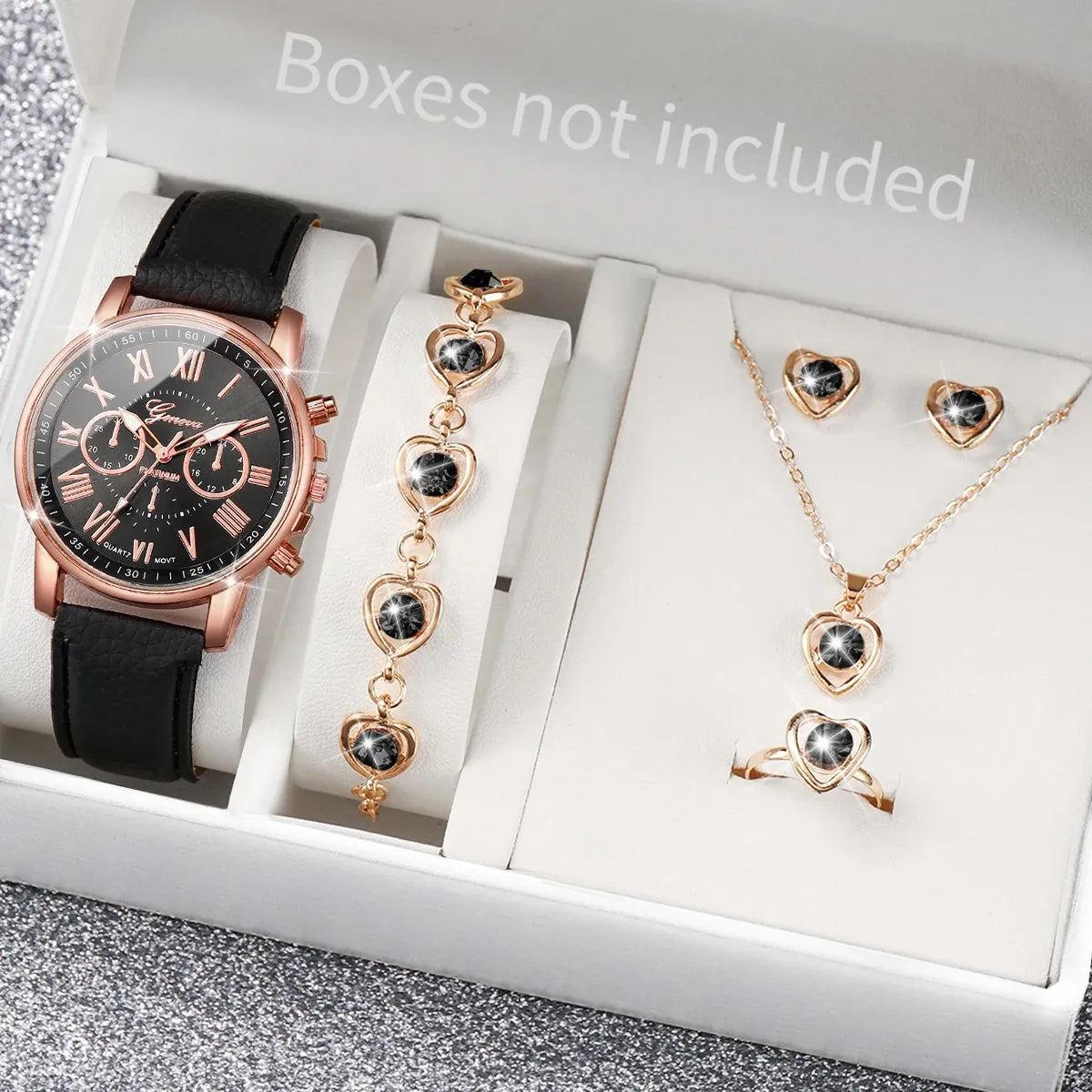 Women's Heart Rhinestone Watch Set – Leather Band Quartz Watch & Jewelry
