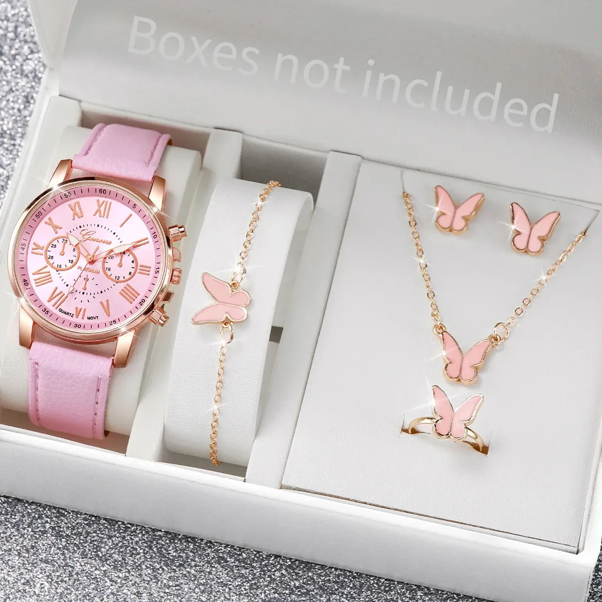 Women's Heart Rhinestone Watch Set – Leather Band Quartz Watch & Jewelry