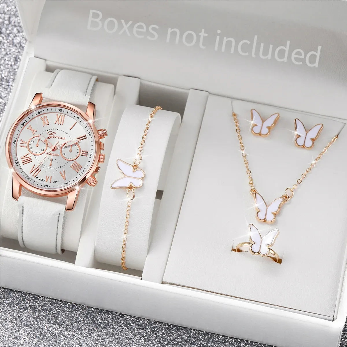 Women's Heart Rhinestone Watch Set – Leather Band Quartz Watch & Jewelry