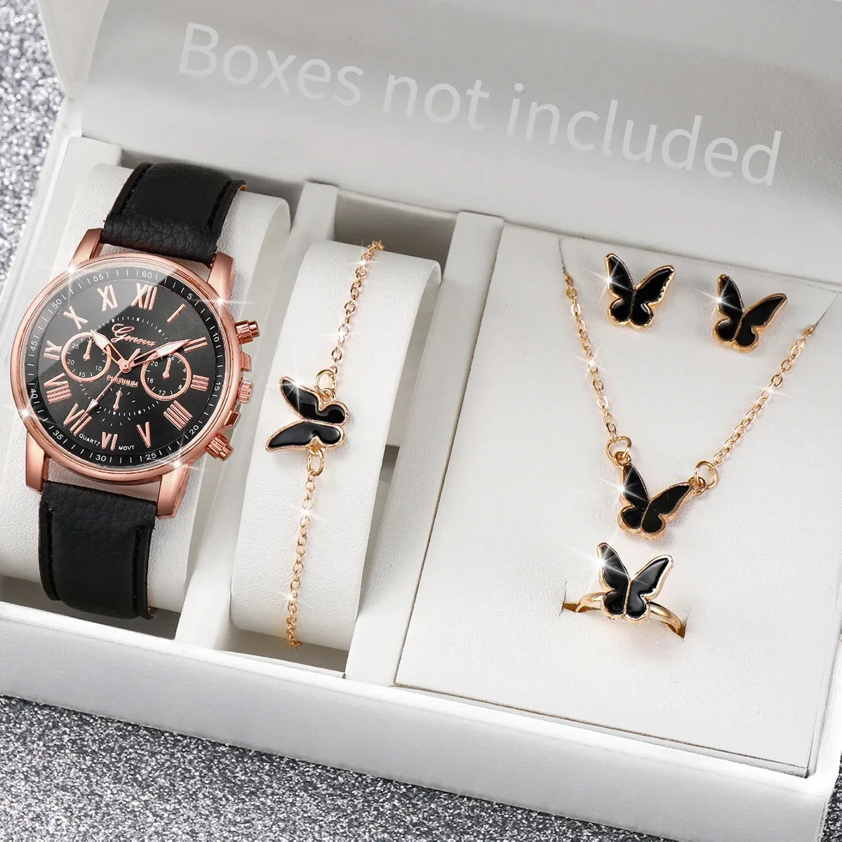 Women's Heart Rhinestone Watch Set – Leather Band Quartz Watch & Jewelry