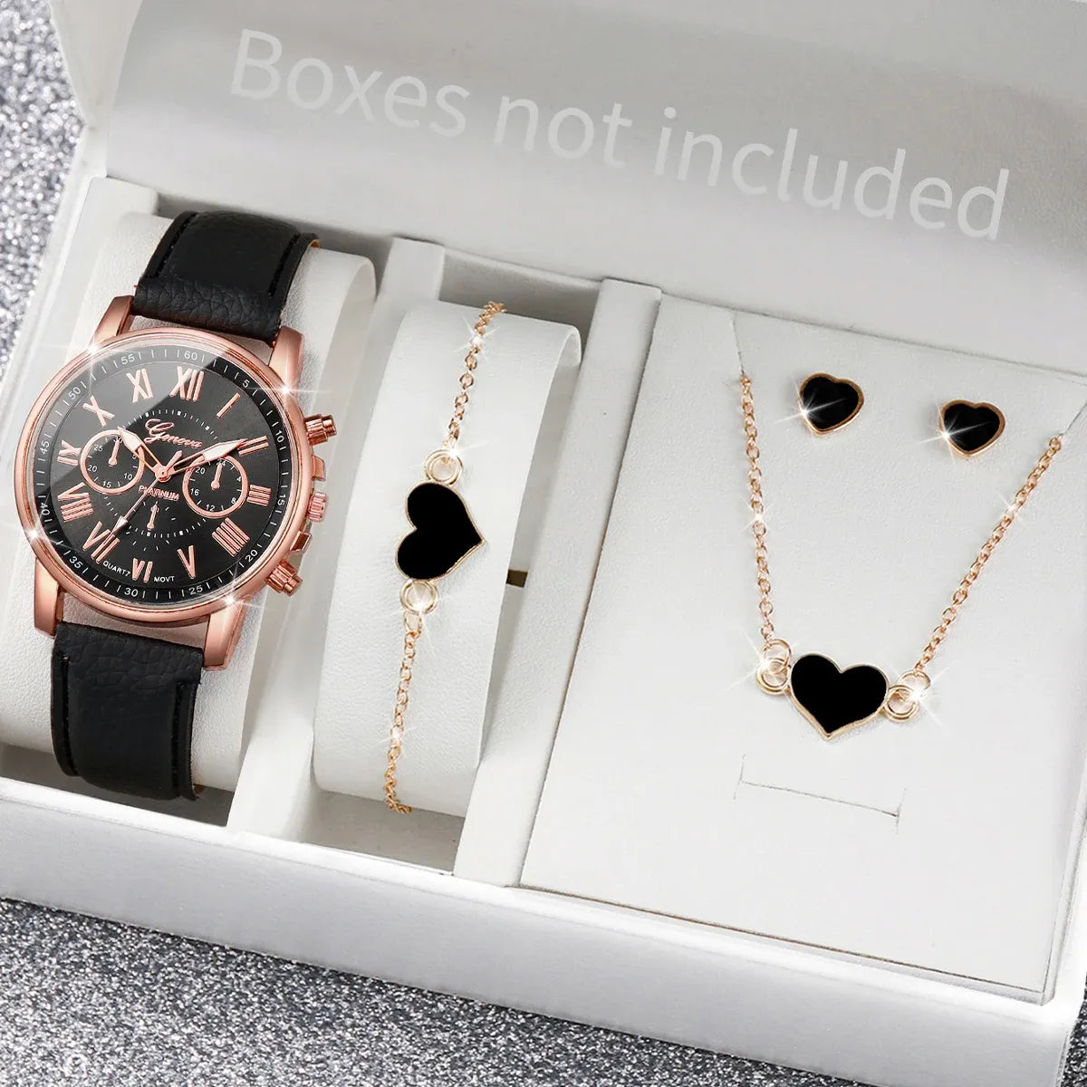 Women's Heart Rhinestone Watch Set – Leather Band Quartz Watch & Jewelry