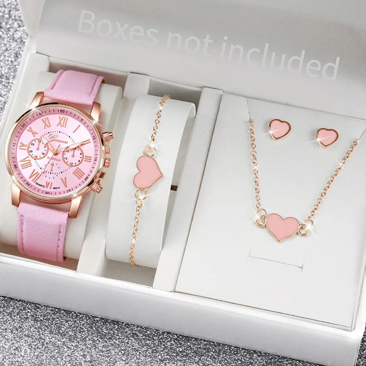Women's Heart Rhinestone Watch Set – Leather Band Quartz Watch & Jewelry