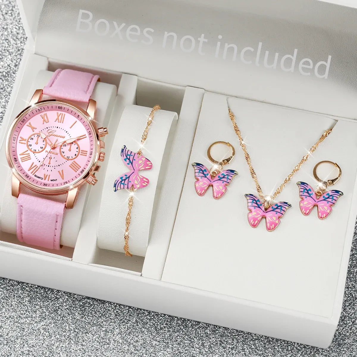 Women's Heart Rhinestone Watch Set – Leather Band Quartz Watch & Jewelry