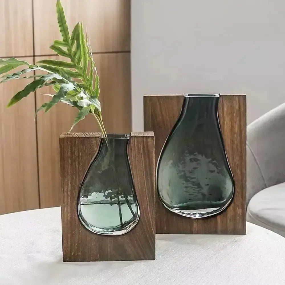 Wooden Frame Glass Vase – Modern Hydroponic Flower Decor