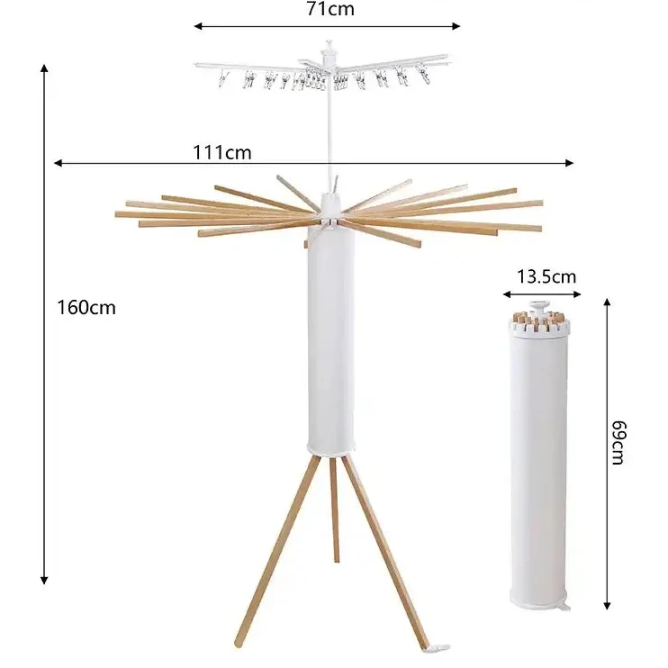 Foldable 360° Rotating Clothes Drying Rack with Wood Arms & Tripod Base