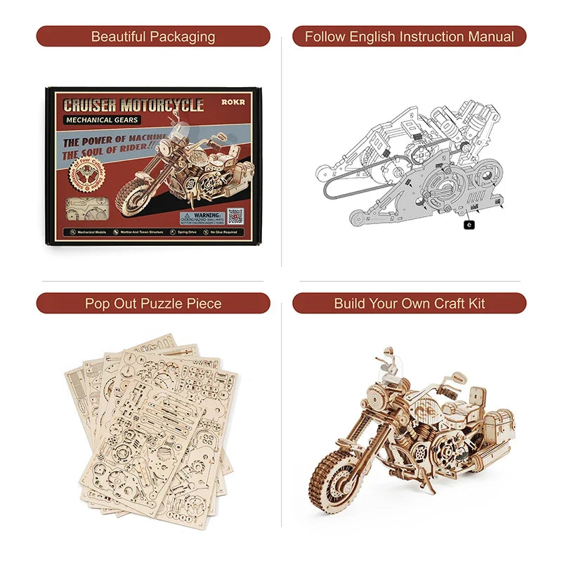 Robotime Rokr 3D Wood Motorcycle Puzzle Mechanical Cruiser Model Kit