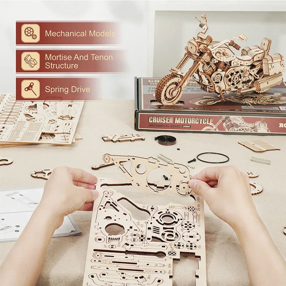 Robotime Rokr 3D Wood Motorcycle Puzzle Mechanical Cruiser Model Kit