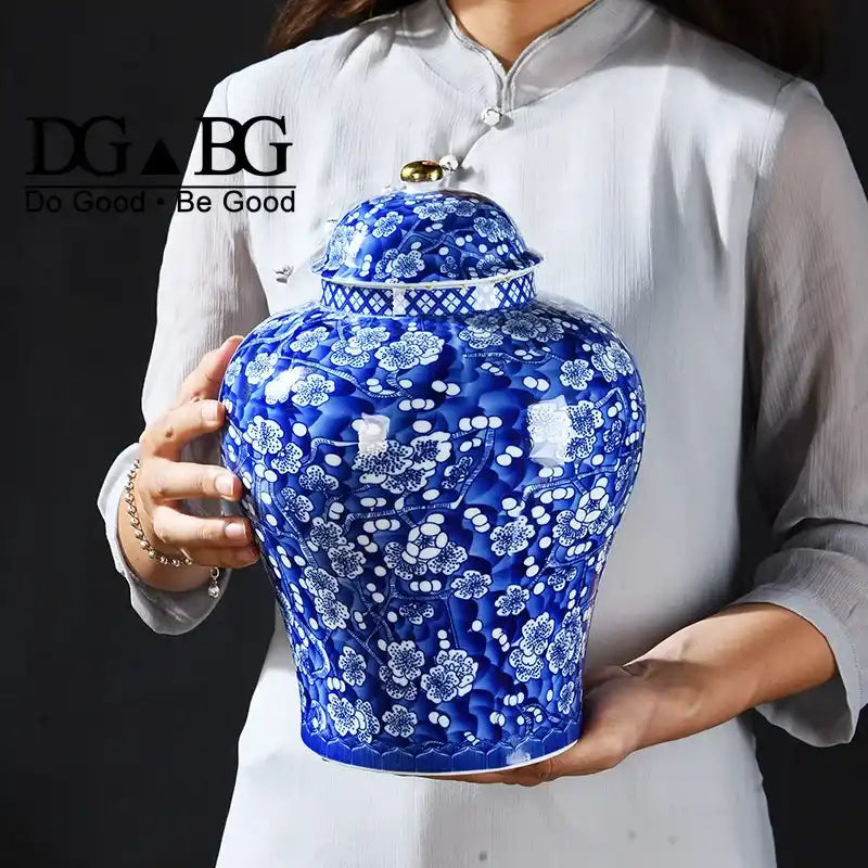 Handcrafted Ceramic Cremation Urn - Blue & White Plum Blossom
