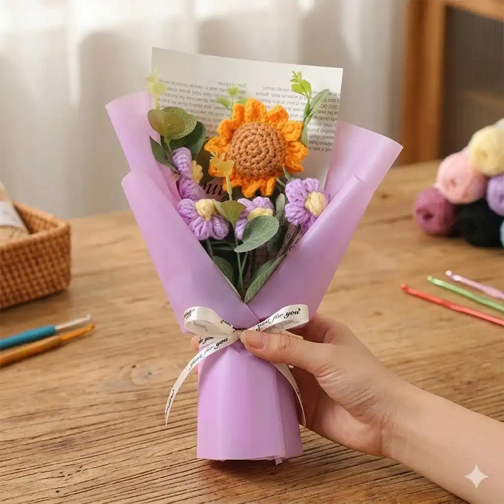 Handmade Crochet Sunflower & Daisy Bouquet - Everlasting Floral Gift