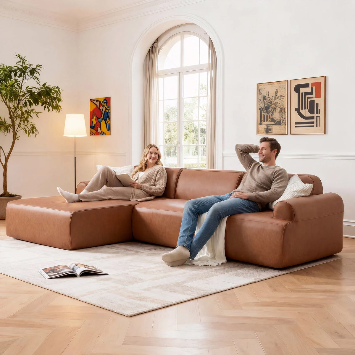 Oversized L-Shaped Modular Sofa Pet-Friendly Faux Leather & Corduroy