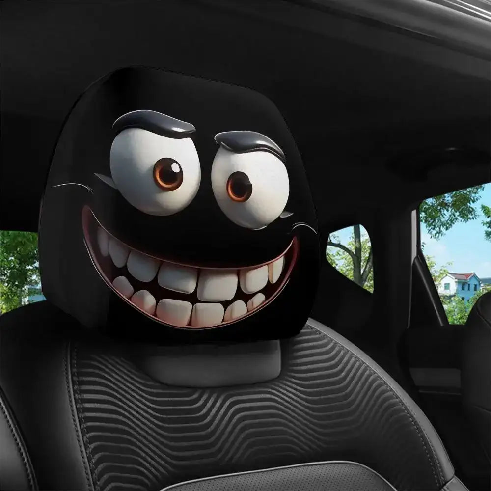 Crazy Smiley Face Car Headrest Covers - Set of 2, Funny Cartoon Troll Face Design