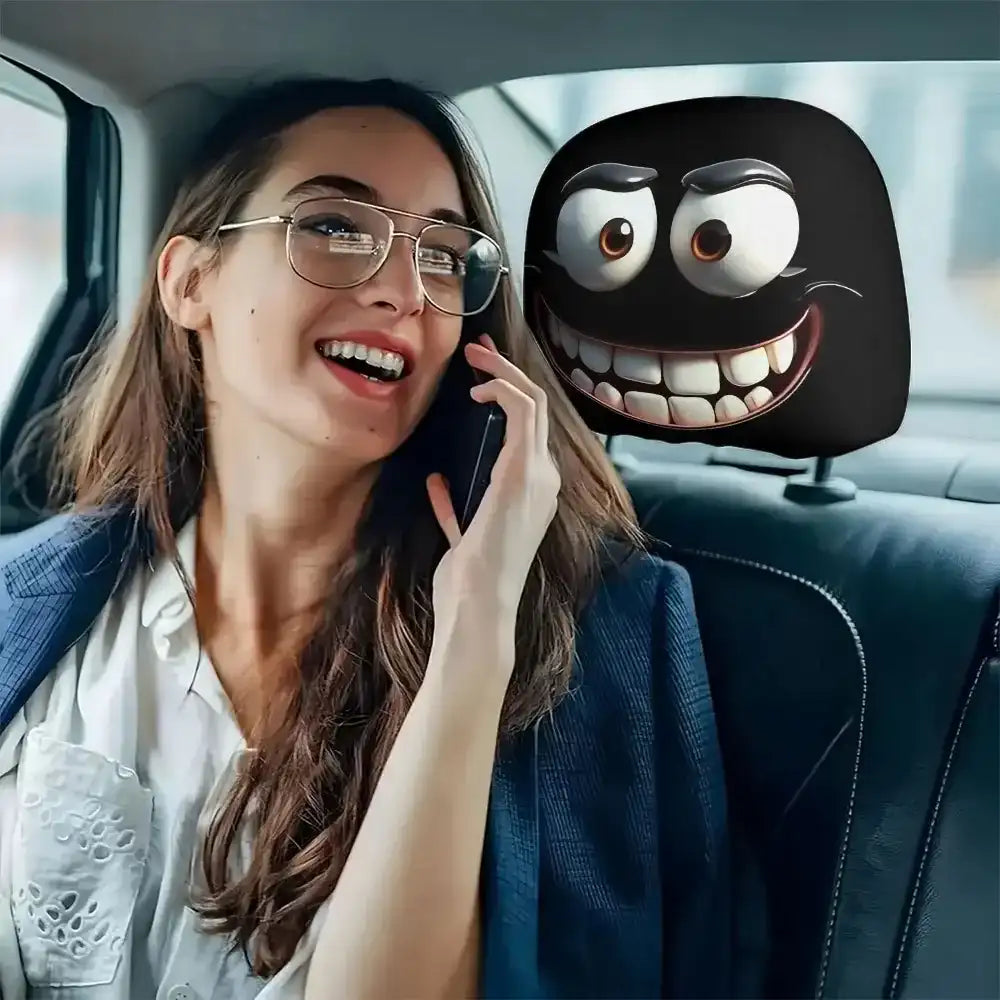 Crazy Smiley Face Car Headrest Covers - Set of 2, Funny Cartoon Troll Face Design