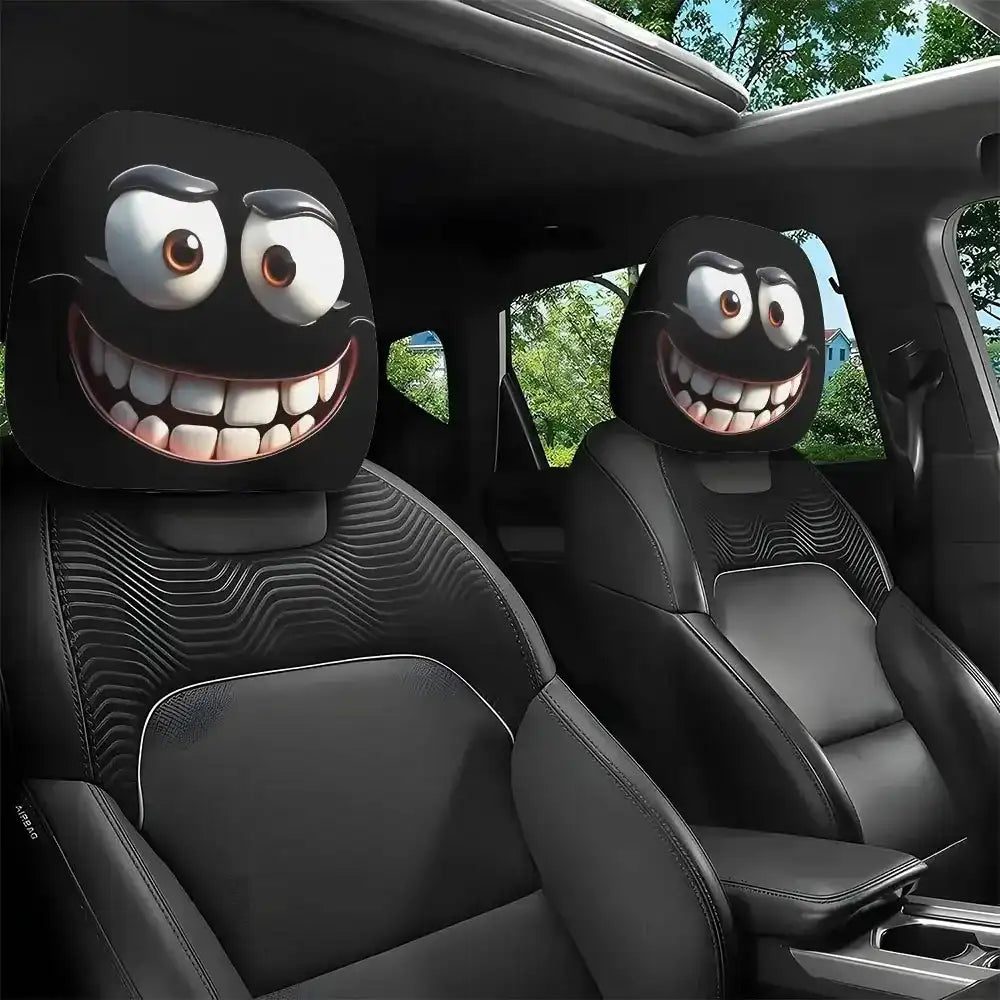 Crazy Smiley Face Car Headrest Covers - Set of 2, Funny Cartoon Troll Face Design