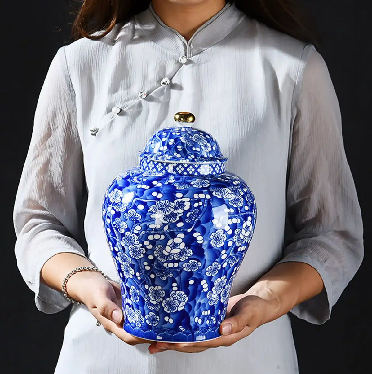 Handcrafted Ceramic Cremation Urn - Blue & White Plum Blossom