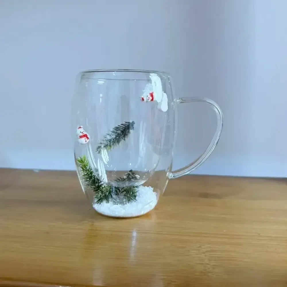 Christmas Double-Layer Glass Cup with Real Dried Flowers – Heat-Resistant Hand-Blown Coffee Mug with Flowing Sand Design