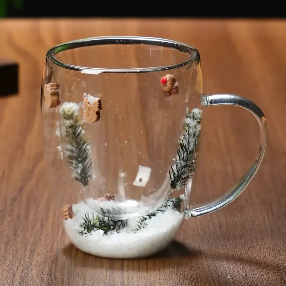 Christmas Double-Layer Glass Cup with Real Dried Flowers – Heat-Resistant Hand-Blown Coffee Mug with Flowing Sand Design