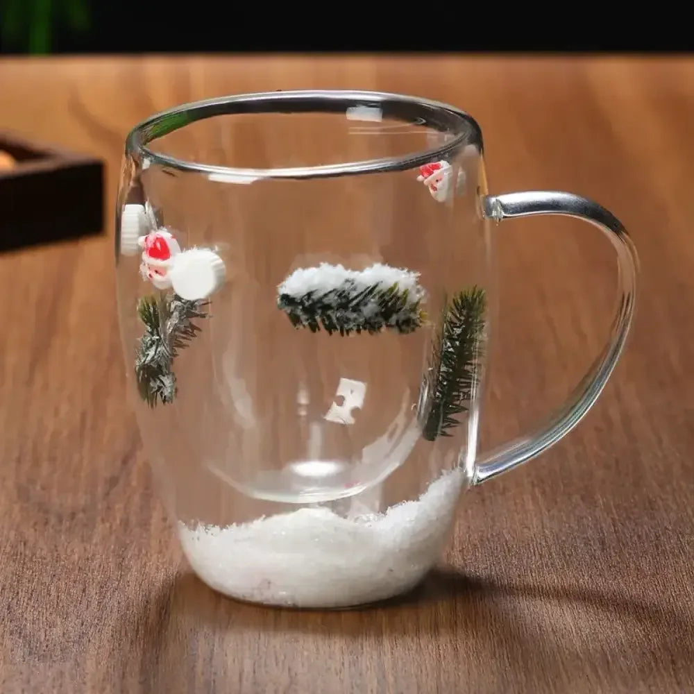 Christmas Double-Layer Glass Cup with Real Dried Flowers – Heat-Resistant Hand-Blown Coffee Mug with Flowing Sand Design