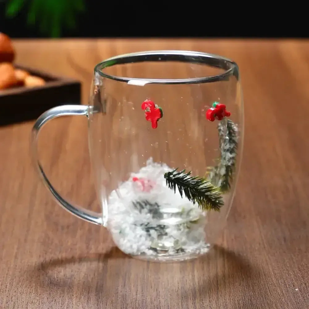 Christmas Double-Layer Glass Cup with Real Dried Flowers – Heat-Resistant Hand-Blown Coffee Mug with Flowing Sand Design